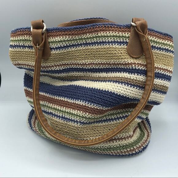Blue & Tan Woven Shoulder Handbag Faux Leather Straps Beachy Hobo Boho Bag - Picture 1 of 8